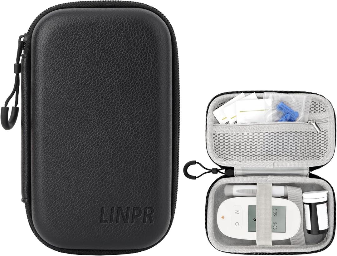 Hard Shell Diabetic Monitor Case, Glucose Meter Kit Storage Organizer, Diabetes Travel Bag for Glucometer, Supplies, Blood Sugar Test Strips, Lancets & Syringes (Black, Medium)