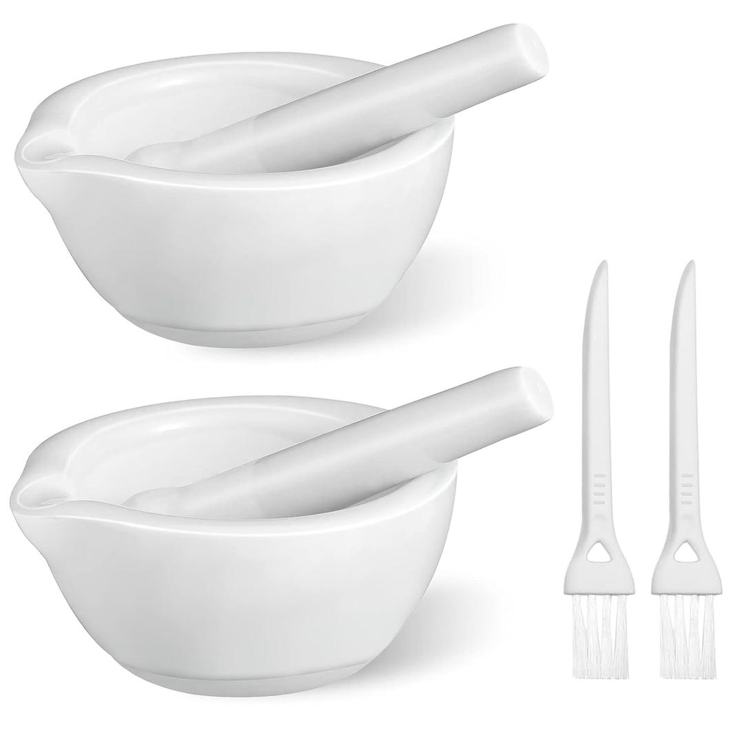 2 Sets Mini Porcelain Mortar and Pestle Set Porcelain Herb Grinder Crusher Grinding Bowl Kitchen Mixing Grinding Bowl with 2 Pieces Brushes for Seasonings, Sesame, Herbs, Medicine(60 mm)