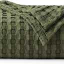 Bedsure Cooling Cotton Waffle Weave Throw Blanket - Lightweight Breathable Blanket of Rayon Derived from Bamboo for Hot Sleepers, Luxury Throws for Bed, Couch and Sofa, Olive Green, 50x70 Inches