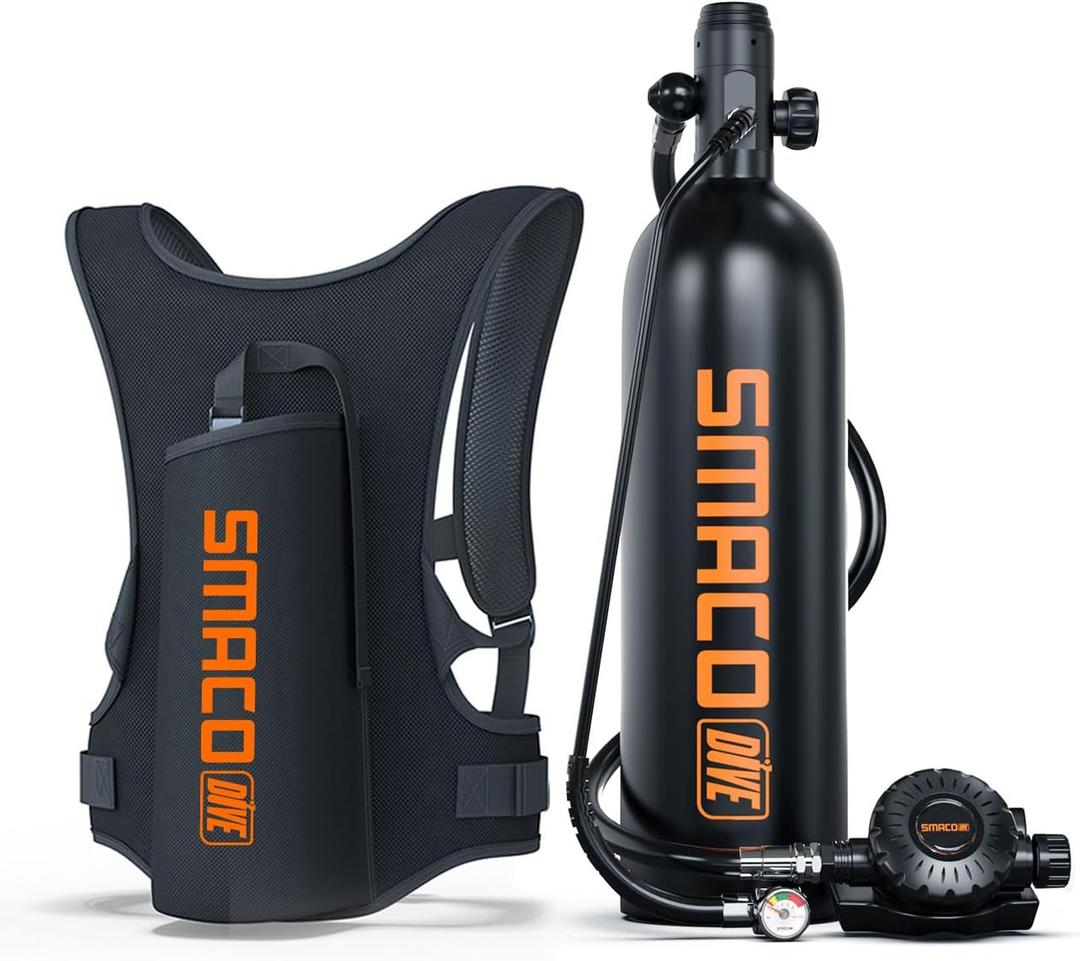SMACO Mini Scuba Tank for Shallow Water Diving 1.9L Scuba Cylinder Diving Tank Kit Provide 25-30 Minutes Breath Support for Underwater Recreation/Diving Practice/Water Rescue/Backup Air