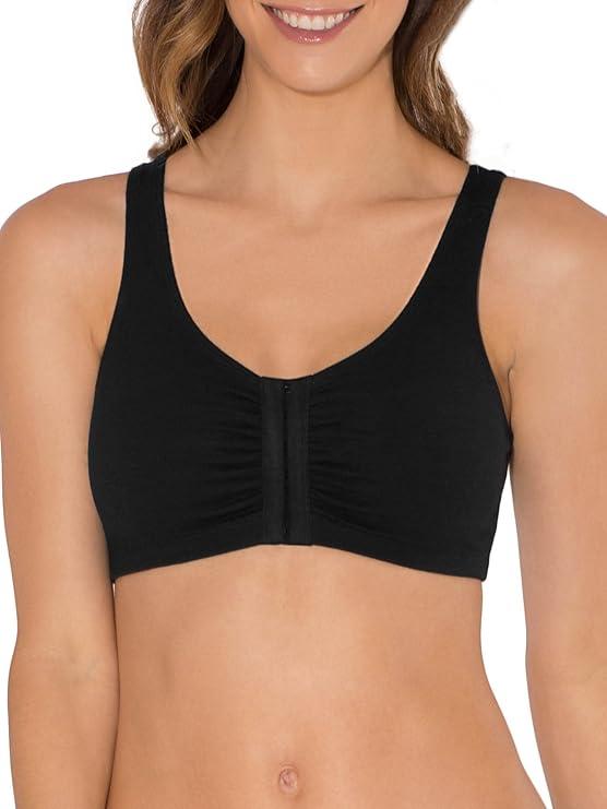 Fruit of the Loom Women's Front Close Sports Bra - Cotton Blend, Easy Fit & Built-Up Support (36, Black)