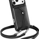 LUCKYCOIN Crossbody Wallet Phone Case for iPhone 17 Pro Max, Genuine Phone Case with Expandable Wallet Card Holder & Adjustable Removable Crossbody Strap, Phone Purse with Card Slot - Retro Black