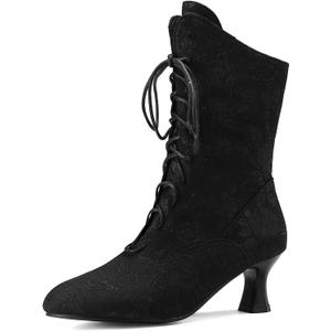 Victorian Boots for Women Vintage Granny Boots Renaissance Mid Calf Boots Costume Lace Up Low Heel Goth Boots with Zipper (11, 41 Black)