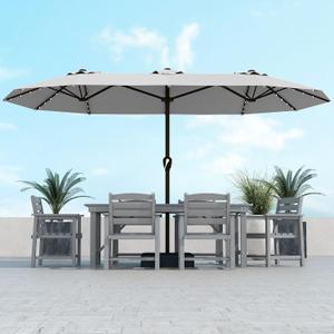 Kingdura 15ft Large Patio Umbrella with Solar Lights, Double-Sided Rectangle Lighted Outdoor Table Umbrella with Base Included, 12 Reinforced Ribs, 48 Led Lights, Crank Lift for Market Pool Deck Backyard, Light grey