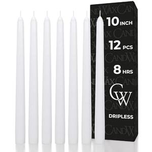 CANDWAX 10 inch White Taper Candles - Set of 12 White Candle Sticks Ideal for Christmas Decorations - Unscented Dripless Smokeless Long Burning Candlesticks - Christmas Candlesticks