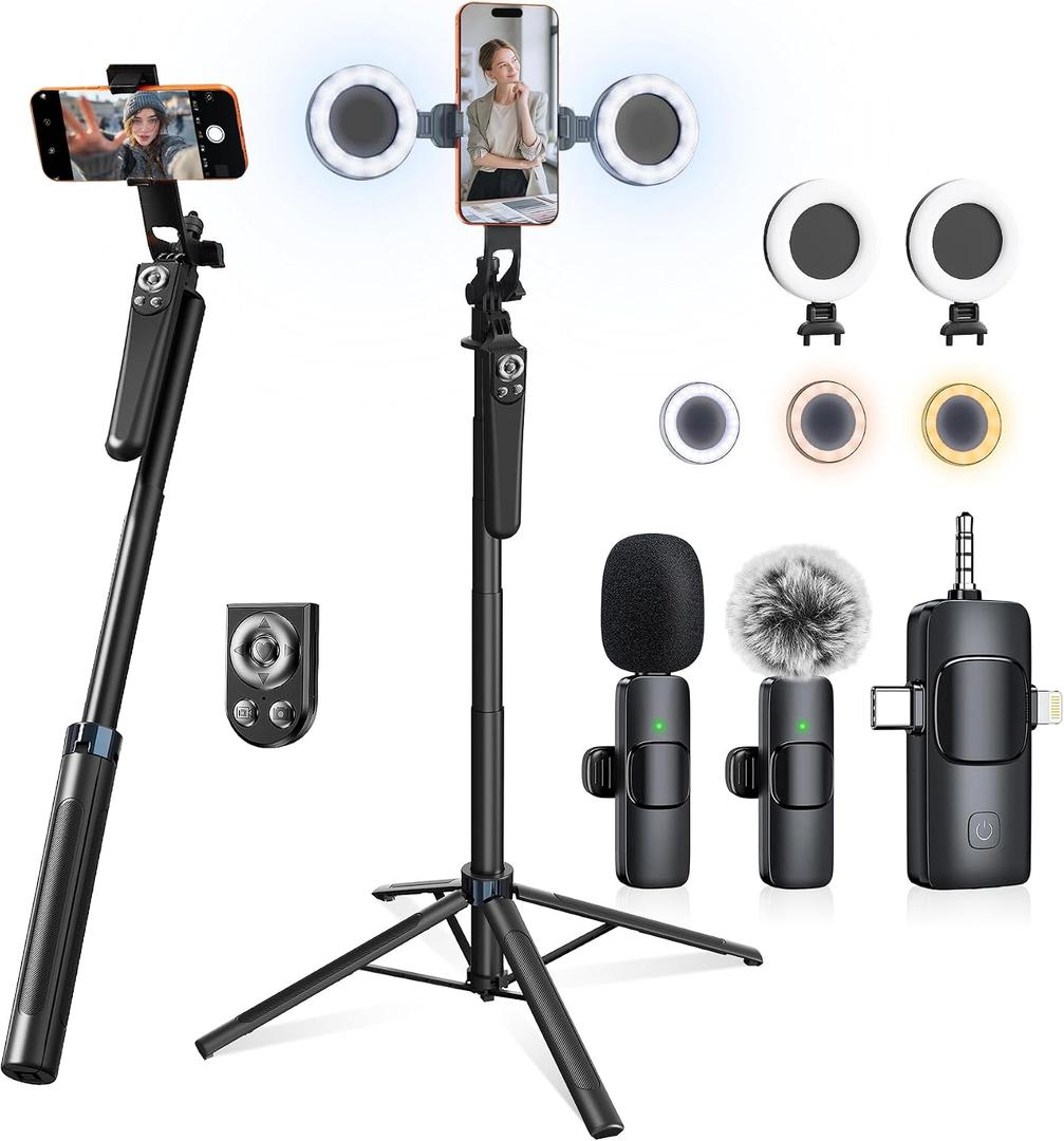 Content Creator Essentials Vlogging Kit for iPhone, 71" Tripod for iPhone Video Recording with Light, Wireless Microphones, Remote, Selfie Stick Phone Stand for TikTok, YouTube