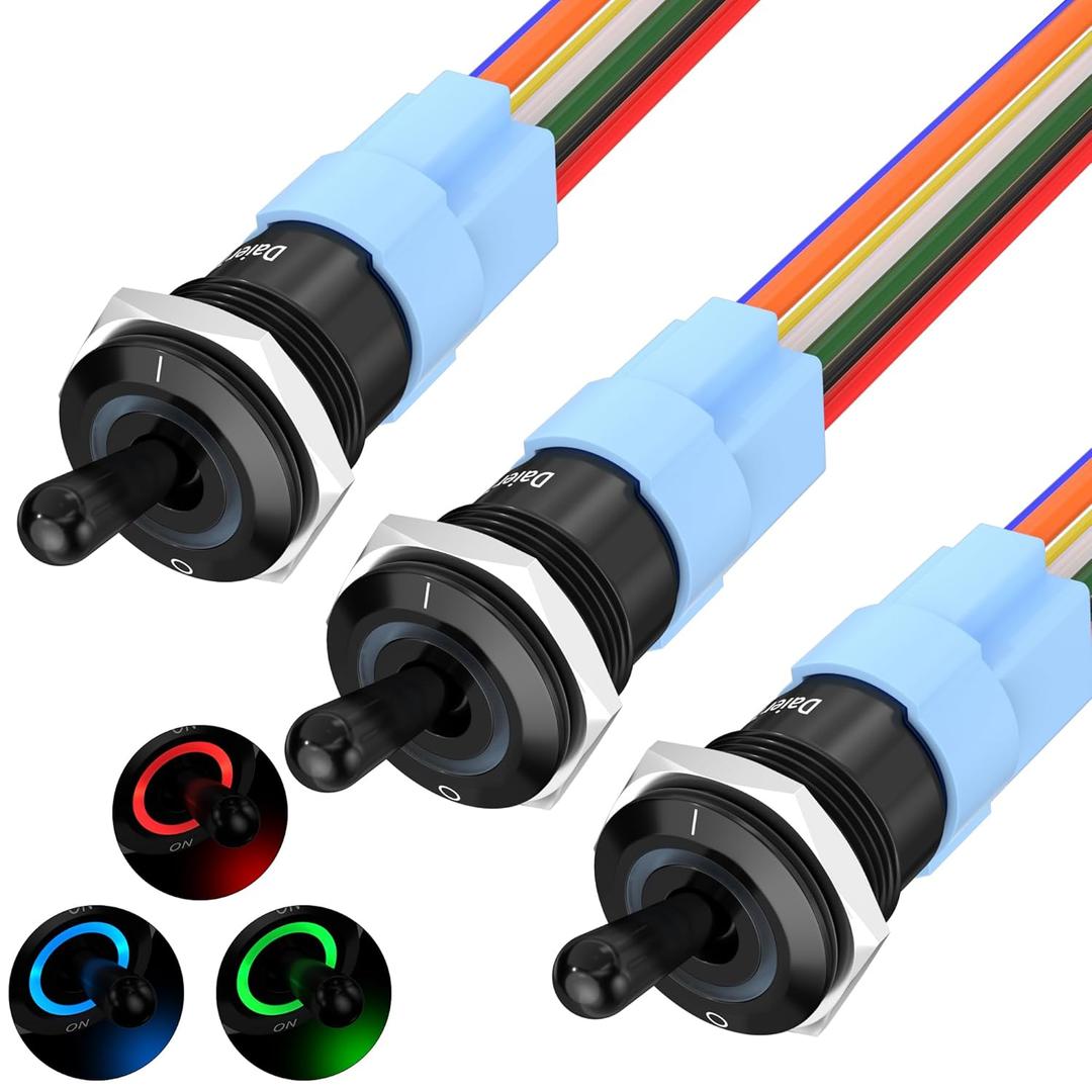 DaierTek 12V Waterproof Lighted Toggle Switch 12V 20A Heavy Duty Metal Toggle Switch 16MM RGB LED Marine Toggle Illuminated for Automotive Boat Car (7 PIN)