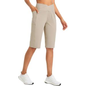 baleaf Womens Bermuda Long Shorts 14" Knee Length Capris High Waisted Athletic Shorts with Pockets Summer Stretch Loose (Medium, Khaki)