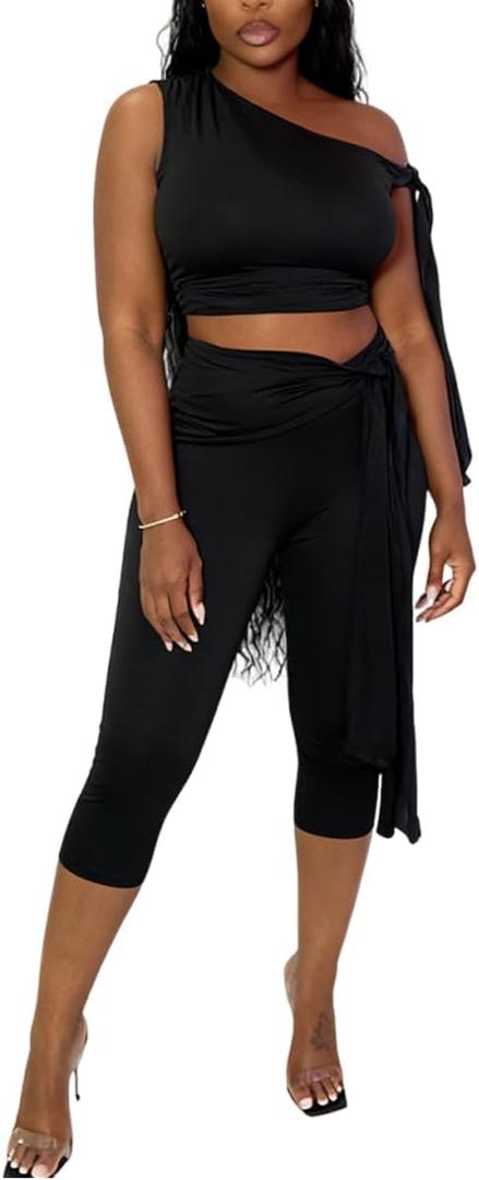 knowfashionstyle 2 Piece Sets For Women Going Out Summer Sexy Outfits Off Shoulder Tops Capri Pants Sets Bodycon Clubwear Suit Black Large