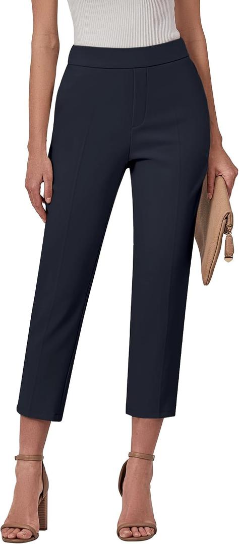 GRAPENT Capri Pants for Women High Waisted Pull On Dress Pants Slim Straight Leg Stretchy Waist Capris Trousers Pants, Large