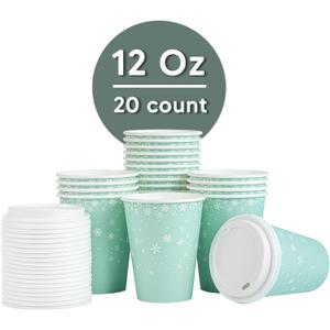 Restaurantware-Restpresso 12 Ounce Drinking Cups, 20 Hot Cups With Plastic Lids - Snowflake Design, Disposable, Light Blue Paper Coffee Cups, For Christmas Parties, Serve Hot And Cold Drinks