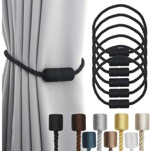 6 Pack Black Strong Magnetic Curtain Tiebacks Outdoor Elegant Decorative Tie Backs Modern Rope Tiebacks for Drapes Window Curtain Holdbacks for Draperies