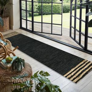 GRUHUM Jute Runner Rug 2'6"x 8' ft Natural Fiber Black Rectangular Jute Area Rug Leather Handwoven Boho Farmhouse Braided Rustic Vintage Eco Friendly Rug Kitchen Livingroom Bedroom Hallways Enterways