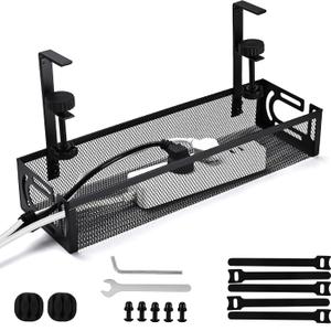 Under Desk Cable Management Tray Small Clamp-Mounted Wire Organizer & Cord Management Under Desk Rack, No-Drill Metal Cable Organizer for Home Office (Black)