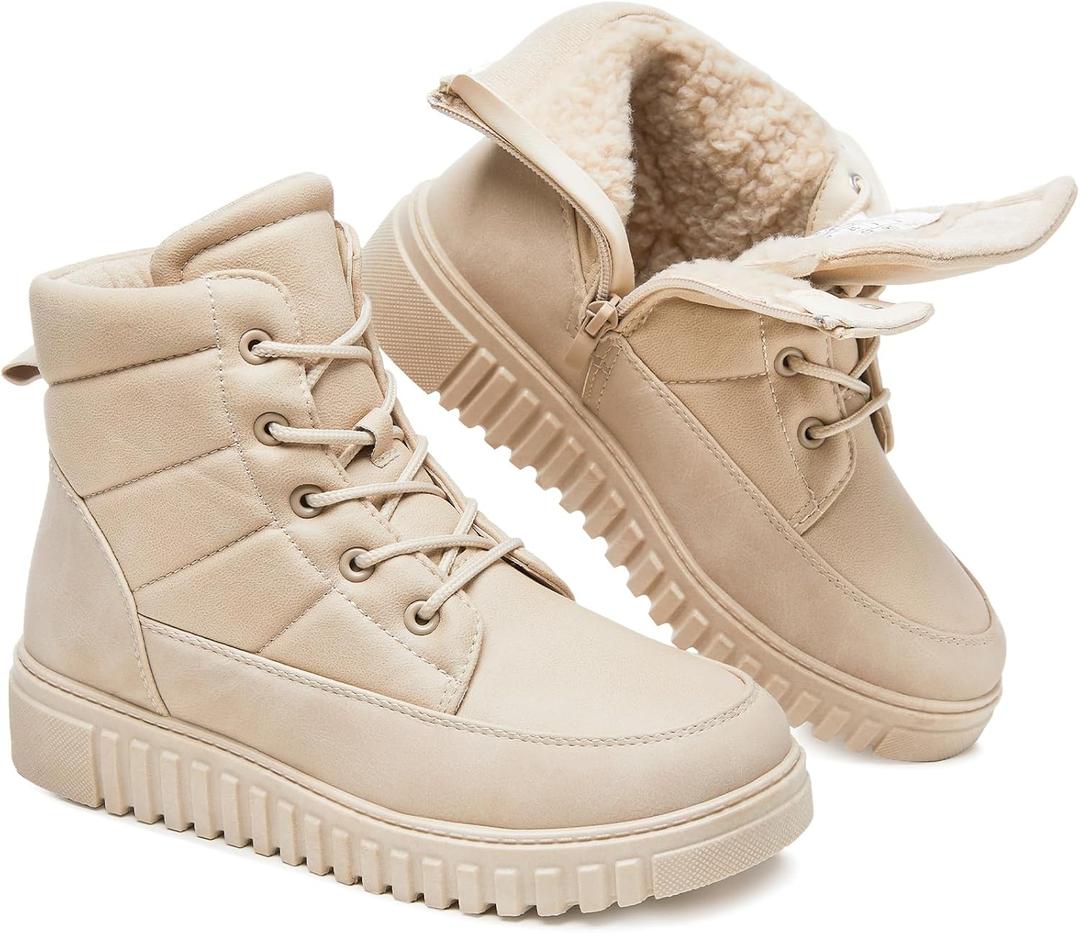 Shupua Boots for Women Winter Combat Boots Womens Ankle Boot Shoes Warm Snow Booties Hiking Sneakers with Zipper (7, Beige)