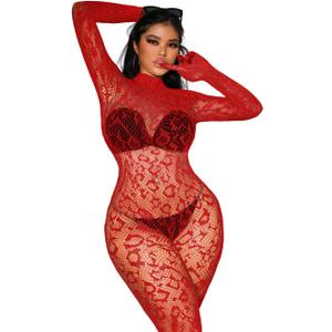 Sexy Lace Leopard Jumpsuit For Women, Fishnet Bodysuit Glow Party Club, Poster One Piece Mesh Full Body Rave Outfits (Red), M