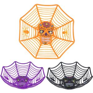 Triumpeek Halloween Party Supplies - Set of 3 Plastic Trick or Treat Bowls with Spider Web Design for Day of The Dead in Orange, Purple and Black