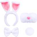 WOVOWOVO Bunny Ears Headband White Rabbit Costume, Bunny Ears and Tails Nose Bowties - Bunny Costume Set for Women Adult Halloween Party Favors (White)