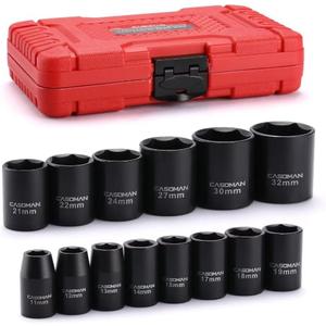 CASOMAN 8 Pieces 1/2-Inch Drive Shallow Impact Socket Set, Metric, 6-Point, 11mm to 32mm
