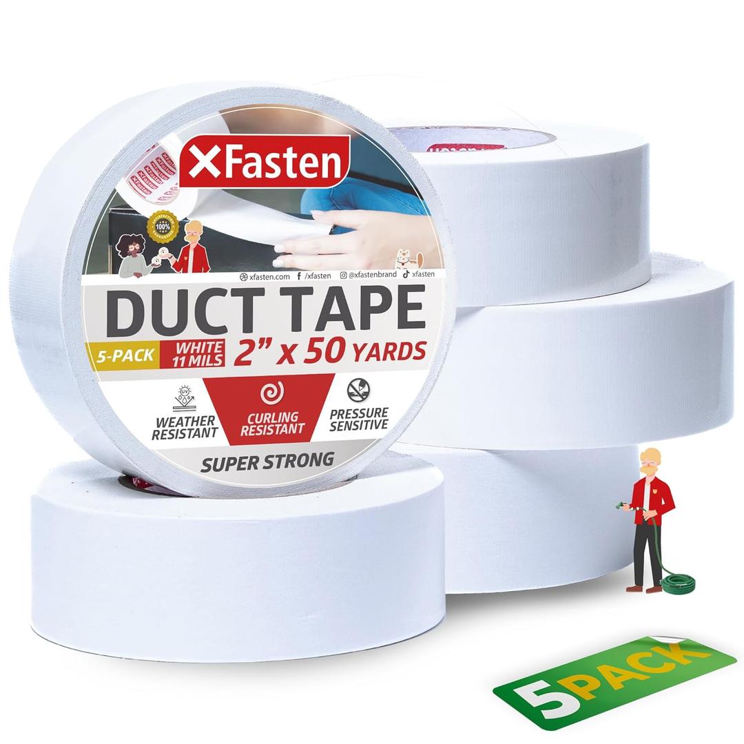 XFasten White Duct Tape Heavy Duty Waterproof 2 Inch x 50 Yards (5-Pack, 750ft Total) 11 mils Super Strong HVAC Duct Tape White Color for Indoor, Automobile, Repair, Patching and Outdoor Use (2-Inch by 50-Yards (5-Pack), White)