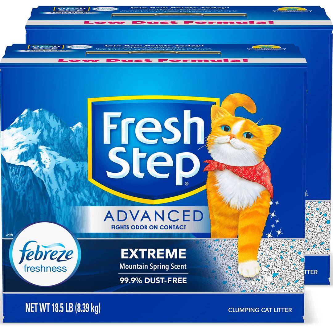 Fresh Step Clumping Cat Litter, Advanced, Extreme Mountain Spring Odor Control, Extra Large, 37 Pounds Total & Clumping Cat Litter, Mfg Date: 11/2025