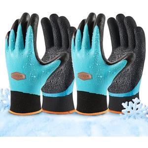 COOLJOB Waterproof Winter Freezer Gloves for Working Gardening Fishing Construction Worker, Double Coated Rubber  2 Pairs Medium Blue