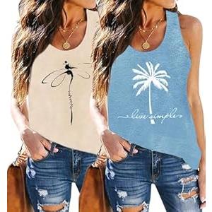 Oriental Pearl Dragonfly Coconut Tree Tank Tops Womens Casual Graphic Racerback Tanks Summer Loose Sleeveless Beach Vacation Tank Tops (Apricot+Blue, S)