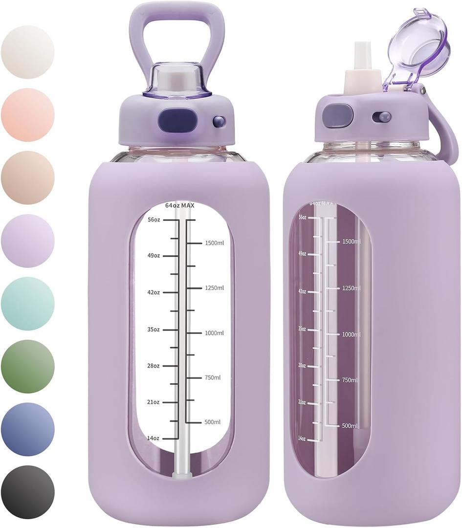 SIEROZUR 64 oz Glass Water Bottle with Straw and Handle Large Sports Motivational Water Bottle Flask with Time Marker Leakproof Water Jug with Silicone Sleeve for Gym (Purple)