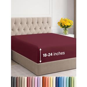 Extra Deep Queen Fitted Sheet - Hotel Luxury Single Fitted Sheet Only - Easily Fits 18 inch to 24 inch Mattress - Ultra Soft, Wrinkle & Fade Free w/Extra Deep Pockets - Breathable & Comfy - Burgundy