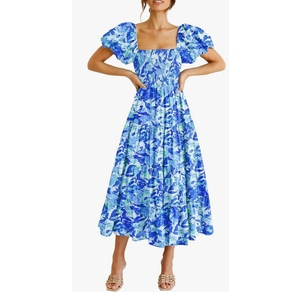 PRETTYGARDEN Women's Casual Summer Midi Dress Puffy Short Sleeve Square Neck Smocked Tiered Ruffle Dresses Small, Floral Blue