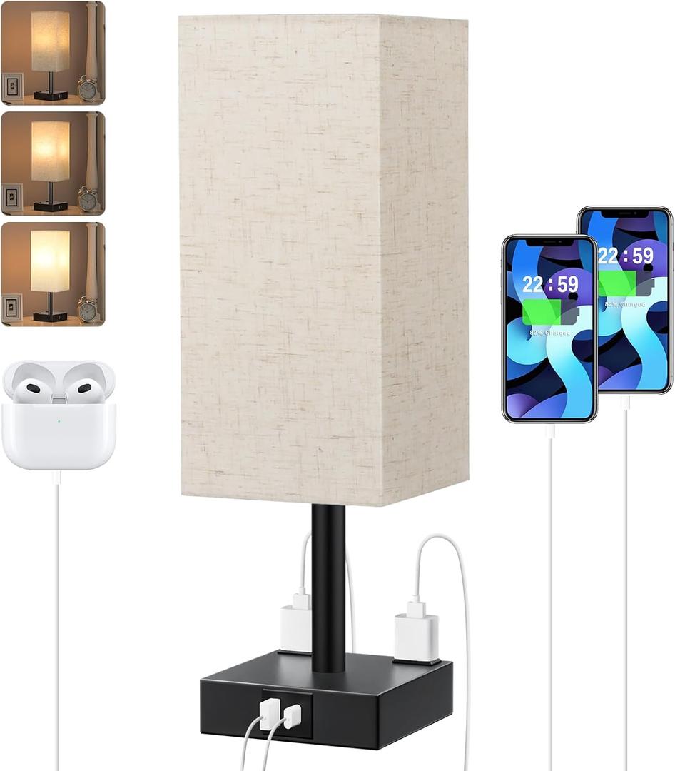 Touch Bedside Table Lamp For Nightstand - 3-Way Dimmable Night Lamp with USB A + Type C Charging Ports and two AC Outlets, Small Desk Light with E26 LED Bulb for Bedroom Living Room Dorm, BEIGE (14.0in)