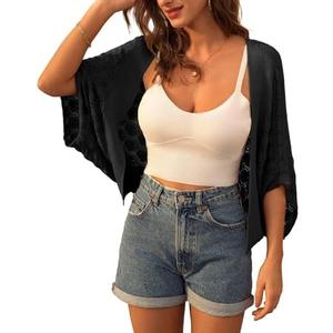 GRACE KARIN Summer Cropped Cardigan for Women 2026 Batwing Sleeve Crochet Bolero Shrug Sweaters Lightweight Beach Boho Kimono Black Small
