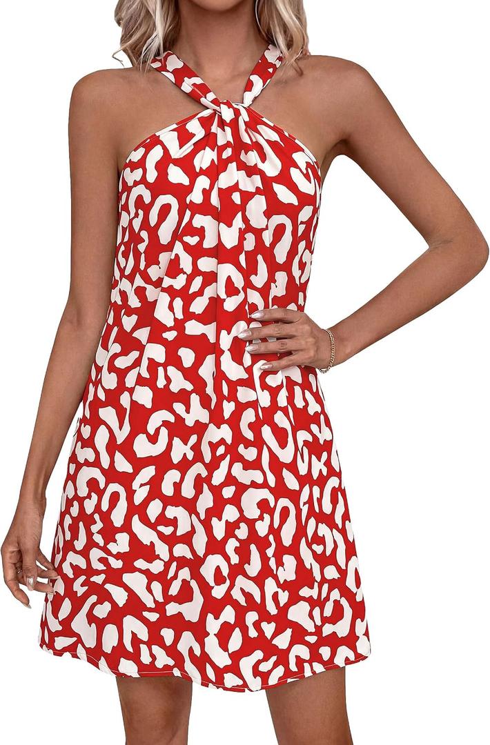PRETTYGARDEN Womens 2026 Summer Halter Mini Dress Sleeveless Boho Floral Short Sundress Casual Flowy Beach Dresses (Red, M)