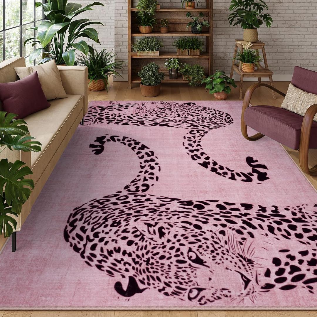 Leopard Print 8x10 Rugs for Living Room Animal Pink Washable Area Rugs