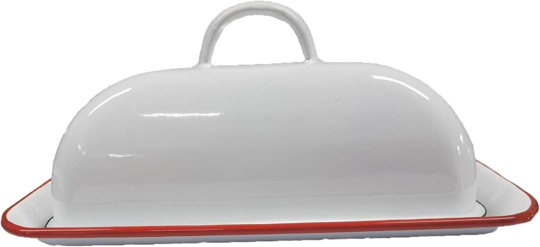 Vintage Farmhouse Red Rim Enamel Butter Dish - Vintage Retro Keeper for Kitchen, Countertop & Fridge  Unique Handmade White Container for West/East Butter, Large