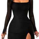 GothDark Women's Sexy Bodycon Dress Mesh Long Sleeve Square Neck Ruched Split Hem Club Party Mini Dresses (Black), XL