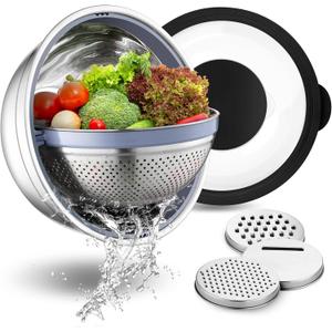 P&P CHEF 4-In-1 Stainless Steel Colander with Bowl Set, Rotatable Strainers for Kitchen, Fruit Cleaner, Washing Fruit & Draining Pasta, Mixing Bowl and Lid with Grater for Salad, Black