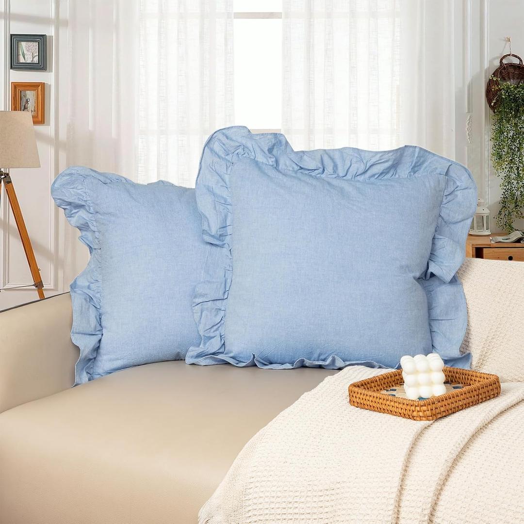 JoraLion 18x18 inch Scalloped Cotton Pillow Covers Light Blue, Farmhouse Ruffle Solid Pure Cotton Decor for Sofa Bed Couch, Set of 2, Covers ONLY