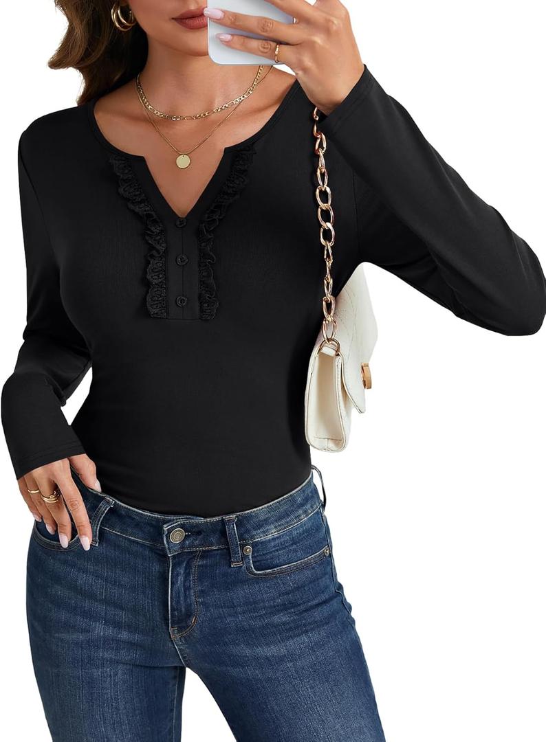 Rooscier Women's Notched V Neck Frill Lace Button Ribbed Knit Long Sleeve Slim Fit Blouse Top Shirt, Medium