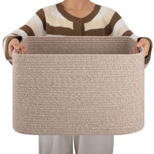 OIAHOMY Cotton Rope Basket, Rectangle Woven Nursery Blanket Basket, Toy Storage Basket with Handle, Baskets for Organizing, 18x14x12, Brown variegated