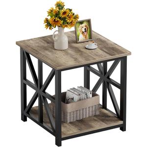 GreenForest 19.7 inch End Table with 2-Tier Storage Shelf for Living Room | Modern Side Table for Bedroom Office,Sturdy X-shaped Metal Frame Nightstand,Scratch-resistant,Waterproof Top,Grey Wash