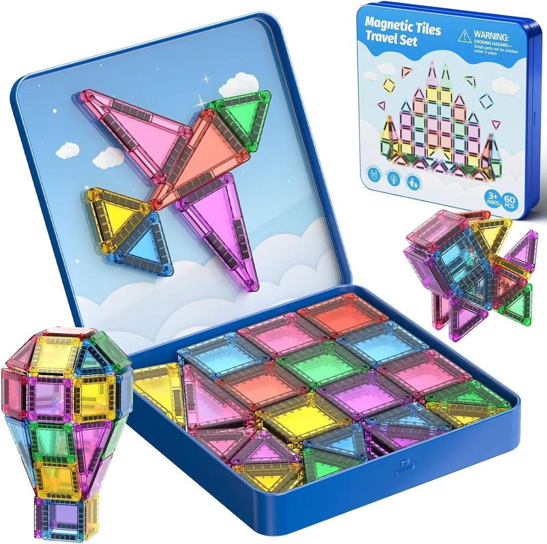60-Piece Mini Magnetic Tiles Set with Iron Box - Ideal Travel Puzzle Toys for Toddlers Aged 3-5, Montessori STEM Building Blocks, Educational Birthday Gift