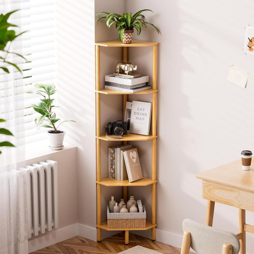 Corner Shelf, 5 Tier Bamboo Corner Bookshelf, 54" Tall Narrow Bookcase, Plant Stand, Corner Display Rack, Shower Caddy, Display Standing Shelf Organizer for Bedroom, Living Room, Kitchen, Home Office