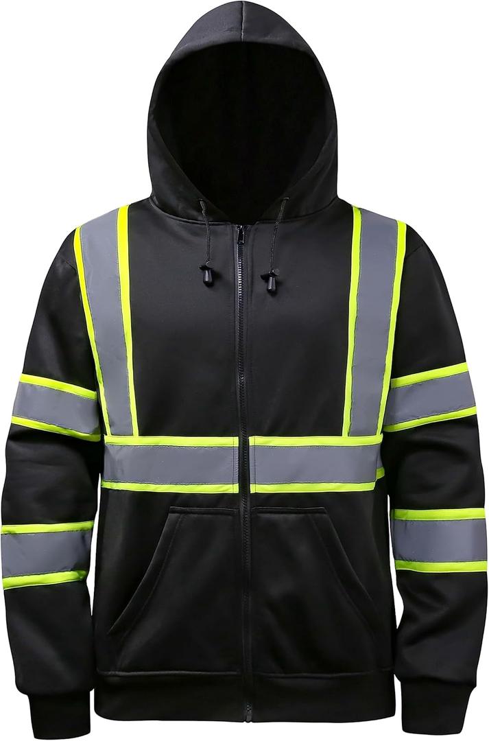 High Visibility Hoodie for Men,Class3 Hi Vis Hoodie with Zipper,Reflective Hooded Hood,Construction work Safety Sweatshirt with Large Front Pocket for Men/Women BLACK,6XL