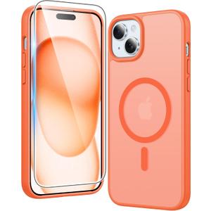 FNTCASE for iPhone 15 Case Matte: iPhone 14/13 Case Magnetic Phone Cases with Screen Protector Compatible with Magsafe Slim Anti Yellowing Rugged Protective Translucent Cell Cover (C-Orange)