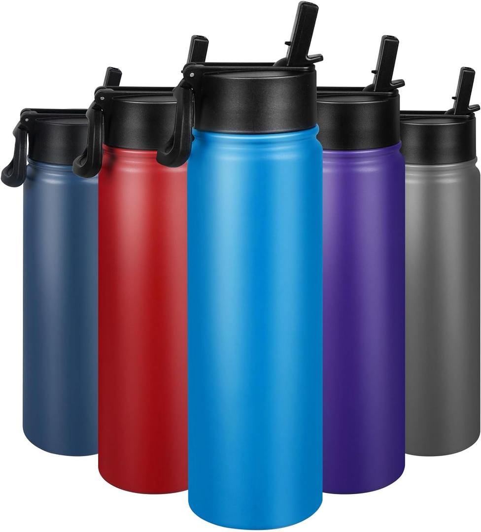 24 oz Insulated Water Bottle with Straw, Stainless Steel Double Wall Vacuum Thermos with Straw Lid Leak Proof, Wide Mouth Lid, Keep Cold and Hot (Blue)