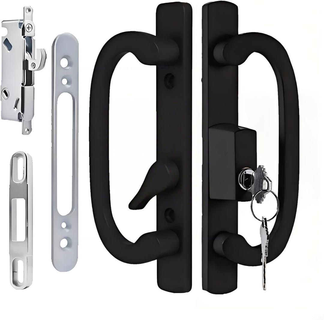 Offset Sliding Patio Door Handle Set with Mortise Lock & Keys | 45 Keyway | Fits 1-3/8" to 2" Doors | 3-15/16" Hole Spacing | Zinc Alloy | Non-Handed | Matte Black Diecast