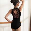 Women Turtleneck Ballet Dance Leotard Adult Black Tank, Gymnastic Dancewear, Chest Padding, Lace Hollow Back (Small)