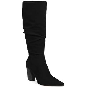 PiePieBuy Womens Faux Suede Knee High Boots Pointed Toe High Chunky Heel Side Zipper Party Dress Booties, Black, Size 6.5