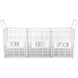 Rae Dunn 3 Section Utensil Holder  Metal Wire Basket Organizer for Silverware and Kitchen Accessories - Storage Spoon, Knife, Fork - Rustic, Schoolhouse, Farmhouse, Vintage Home Dcor